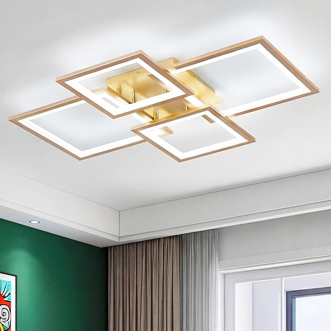 Modern LED Ceiling Light, Square LED Flush Mount Ceiling Light, Dimmable Kitchen Light Fixtures with Remote&APP, Close to Ceiling Lighting Fixture for Dining Room Kitchen Living Room Bedroom(Gold)