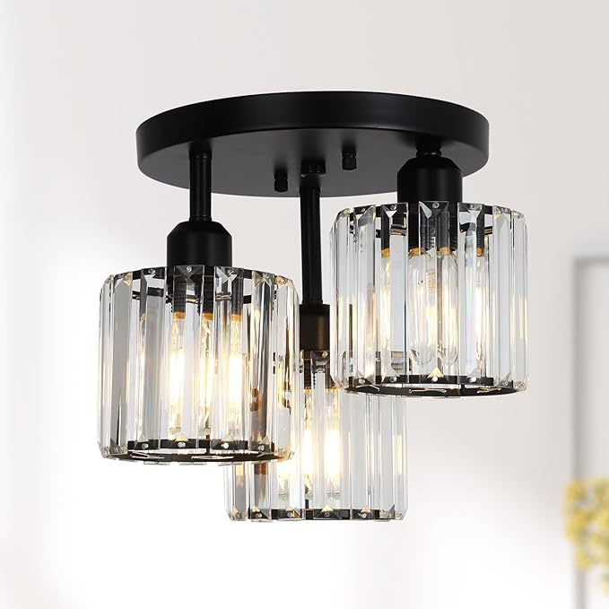 Crystal Semi Flush Mount Ceiling Light,3-Light Modern Close to Ceiling Light Fixtures,Black Kitchen Light Fixtures with Clear Crystal Shade,Hallway Light Fixtures for Hallway Bedroom Bathroom