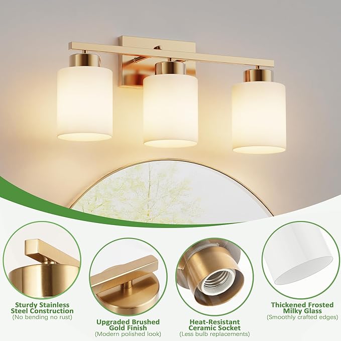 PARTPHONER 3-Light Brushed Gold Bathroom Light Fixtures, Modern Vanity Light Over Mirror Lighting, Wall Sconce with Frosted Milky White Glass Shades for Bedroom Living Room Kitchen Hallway