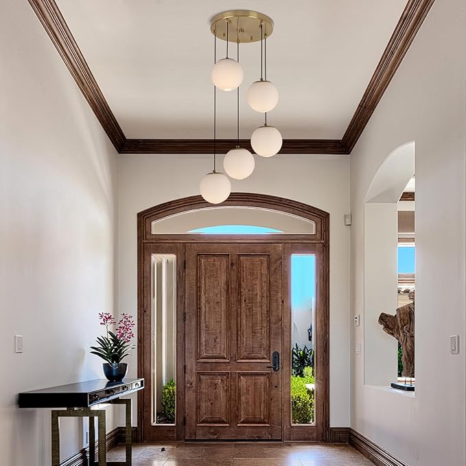 Modern Globe Cluster Chandeliers, 5-Light White Glass Pendant Light Multi Cluster Pendant Lighting Mid Century Chandelier for Living Room Staircase Foyer Entryway, Brass