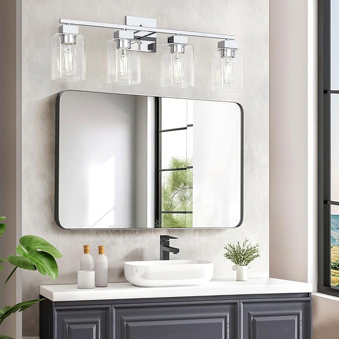 Espird 4 Light Bathroom Vanity Light - Chrome Bathroom Light Fixtures Square Design & UL Certification, 26 inch Square Bath Room Lights Over Mirror, Vanity Lighting Fixtures for Living Room & Bedroom