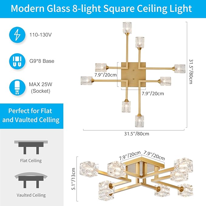 XINGQI Gold Modern Sputnik Chandelier Farmhouse Ceiling 8 Lights Industry Semi Flush Mount Ceiling Light Fixture, Mid Century for Dining Room, Farmhouse Kitchen, Bedroom, Office