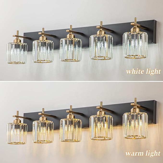 Modern Crystal Bathroom Vanity Lights, Black Gold 5-Lights Bathroom Light Fixtures Over Mirror, Crystal Wall Lighting with Polished Gold Finish(Exclude Bulb)