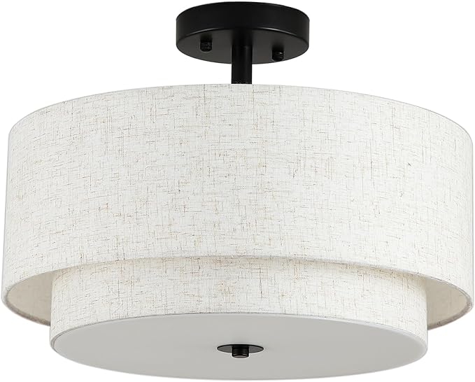 16" Semi Flush Mount Ceiling Light Fixture, 3-Light Gold Flush Mount Ceiling Light with Double Drum Linen Shades for Entryway Dining Room Bedroom Kitchen Hallway Living Room, E26 Socket
