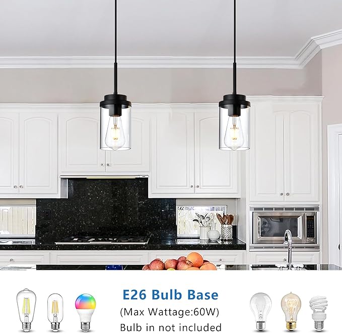MELUCEE 2 Pack Pendant Lights for Kitchen Island Black Adjustable Hanging Ceiling Lamp with Clear Glass Shade, Industrial Glass Pendant Lights for Dining Table Hallway Bedroom Living Room