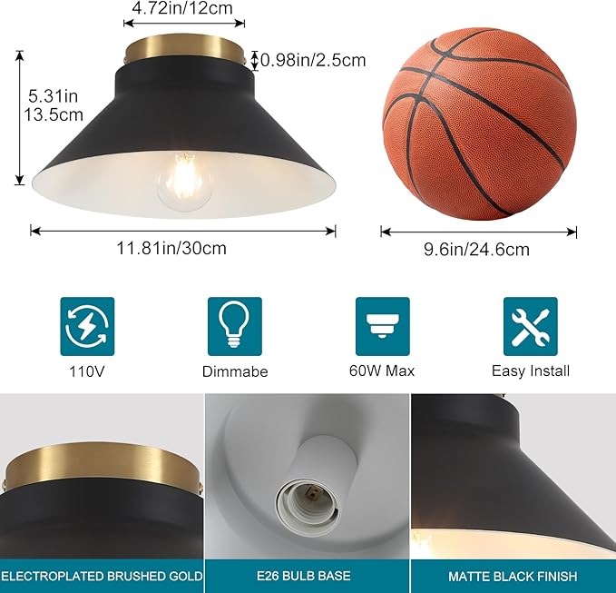 Modern Flush Mount Ceiling Light 2 Pack,Metal Black Semi Flush Mount Ceiling Light Fixture,Brass Accent Black and Gold Ceilings Light Fixture for Hallway Kitchen Entryway Bedroom Laundry Room,11.81in