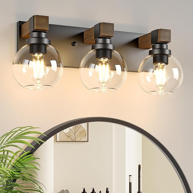 Farmhouse Bathroom Vanity Light Fixtures, 3-Light Wood Bathroom Light Fixtures Over Mirror, Rustic Vanity Lighting with Glass Shade for Living Room, Bedroom, Hallway