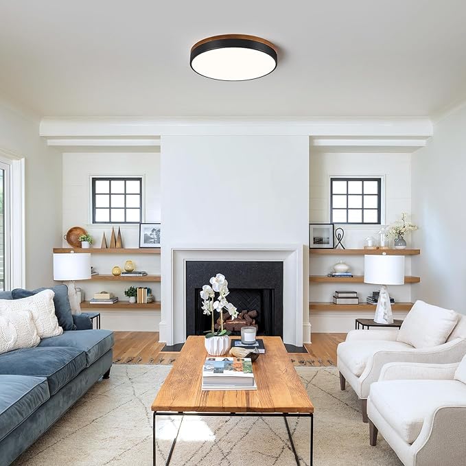 Modern Walnut Wood Black Flush Mount Ceiling Light, 15.75" Round LED Low Profile Close to Ceiling Fixture for Kitchen Bedroom Bathroom Laundry Hallway Entryway Closet Living Room