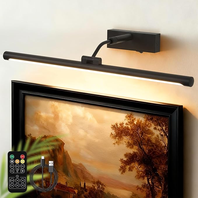 Picture Lights for Wall Battery Operated,24 Inch Black Wireless Rechargeable Art Lights for Pictures,3CCT Dimmable Retractable Painting Light with Remote & Timer,Glare-Free for Gallery Light
