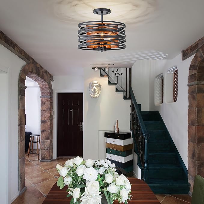 D13 inch Farmhouse Ceiling Light, 3-Light Rustic Design Semi-Flushmount Close to Ceiling Light Fixture, for Living Room, Foyer, Bedroom, D12.6 x H11 in, Matte Black & Wood Texture Finish