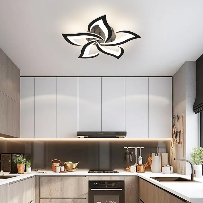 Goeco Modern Flower Flush Mount Ceiling Light with Remote Control, 3000K-6500K LED Dimmable 5-Petals Black Ceiling Light for Living Room, Kitchen, Dining Room, Bedroom