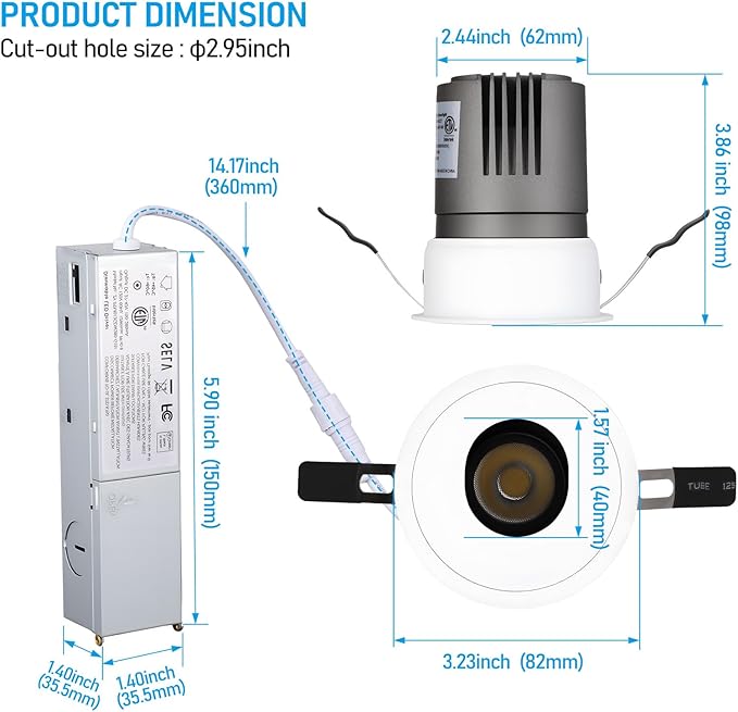 TORCHSTAR 3 Inch 5CCT LED Slot Aperture Recessed Lights with J-Box, 35° Ultra-Narrow Trim Recessed Ceiling Spotlight, IC Rated, Dimmable, Anti-Glare, CRI 90, 2700-5000K, ETL FCC, Pack of 4