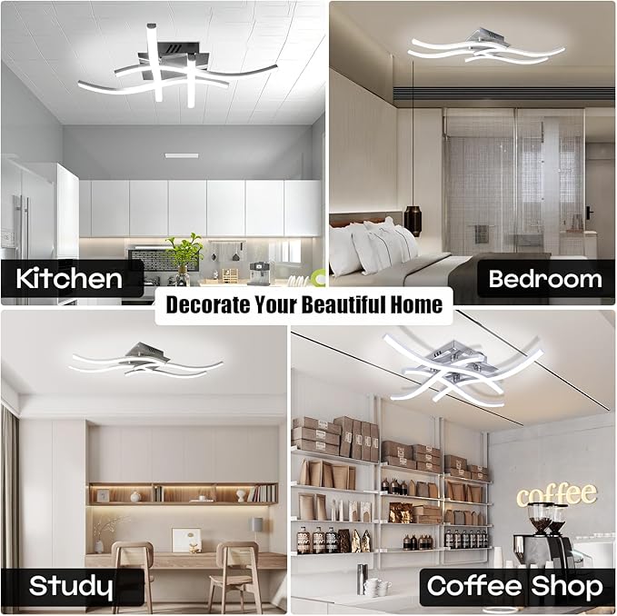 27.5 Inch Modern LED Ceiling Light Fixture, 24W Curved Wave Ceiling Lamp for Bedroom, Kitchen, Hallway, Foyer Library Dining Room Silver Modern Ceiling Light Fixture