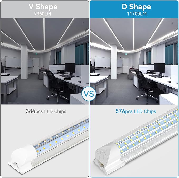SHOPLED LED Shop Light 8FT, 90W 11700LM 6000K Cool White, Linkable T8 LED Tube Light Fixtures, D-Shape, 8 Foot LED Shop Lights for Garage, 12 Pack