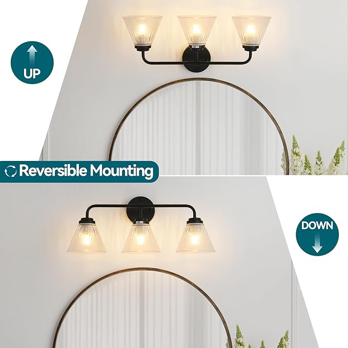 Modern Black Bathroom Vanity Light, 3-Light Wall Sconce with Clear Ribbed Glass Shades, Farmhouse Industrial Light Fixture for Bathroom, Vanity Mirror, Powder Room, Hallway (black, Powder Coated, 3)
