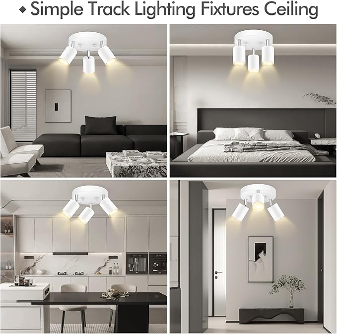 3 Light Track Lighting Fixtures Ceiling, Matte White Round Directional Ceiling Spotlight, GU10 Flush Mount Track Fixture, Adjustable Modern LED track Lights for Kitchen/Living Room, Bulb Not Included