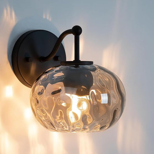 Matte Black Wall Sconce Light Smoked Hammered Glass Vanity Lighting Modern Grey Shade Wall Lamp for Bathroom Over Mirror