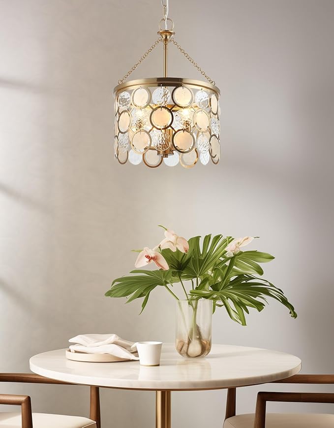 Kira Home Estelle 18" Modern Gold Pendant Light, Coastal Wavy Glass & Capiz Shell Gold Chandelier, 3-Light, Cool Brass Finish
