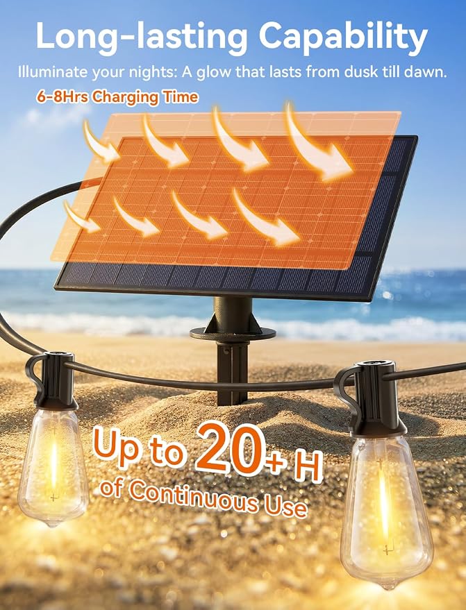 Brightever 75FT Solar String Lights Outdoor Waterproof with Remote, 34+1 Shatterproof ST38 LED Bulbs, 3 Lighting Modes & Warm White, Dimmable Outdoor Solar Lights for Backyard, Bistro, Deck