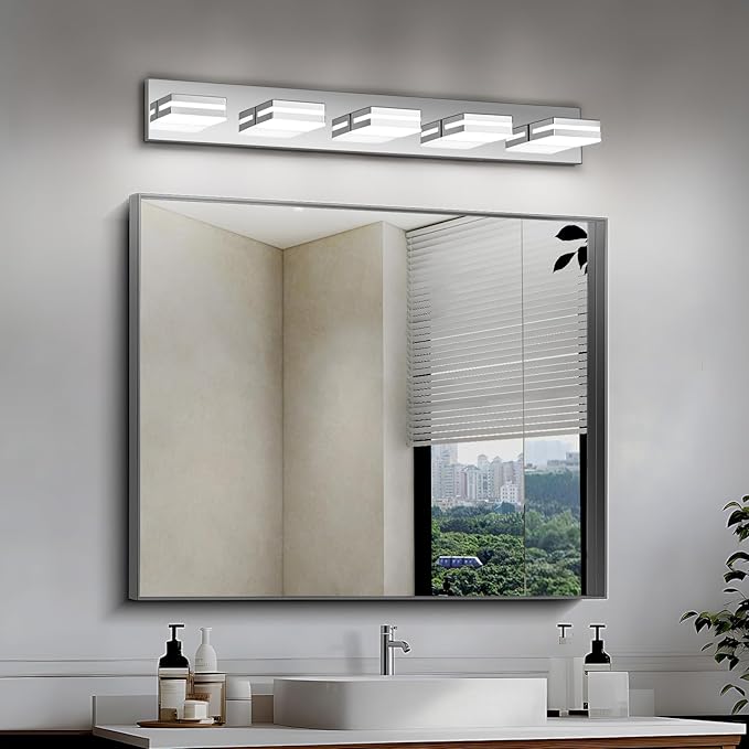Modern LED Bathroom Lights Fixtures 5-Light,Stainless Steel Chrome Acrylic Wall Lighting,Vanity Lights for Bathroom Over Mirror 6000k 34in