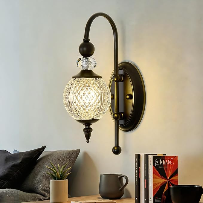 Vintage Black Wall Sconce with Acrylic Globe Shade Indoor Wall Light for Bathroom Bedroom Hallway Farmhouse