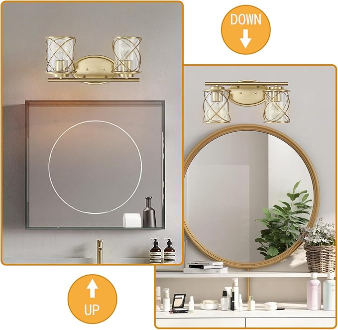 mavcadonf 2-Light UL Certified Brushed Gold Vanity Light, Metal Cage Shade Wall Sconce Over Mirror, Modern Farmhouse Light Fixture for Bathroom Kitchen Bedroom Hallway