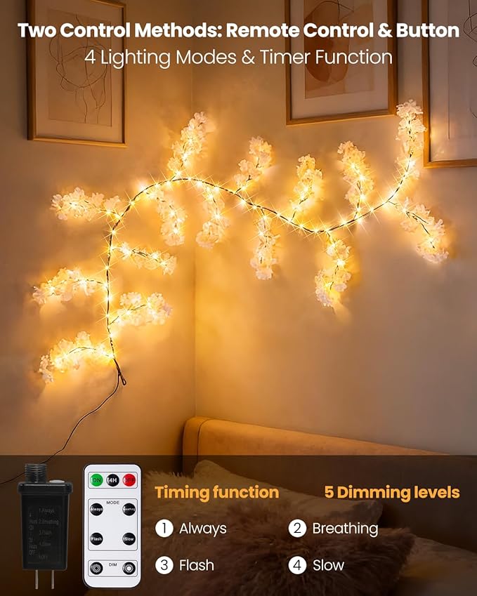 GOESWELL Cherry Blossom Tree Lights for Wall: 7.9FT Lighted Garland for Room and Home Decor - Plug or Battery Operated Artificial Flower Vines for Mantle Fireplace Wedding Party Indoor Outdoor