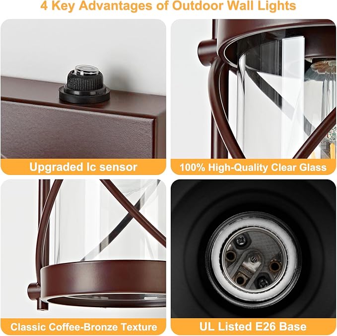 Dusk to Dawn Outdoor Wall Lights Fixtures, Waterproof Exterior Lighting Fixtures with Photocell Sensor,Vintage Coffee-Bronze Metal Cage Lantern Outside Lights for Porch Patio House Garage（2 Pack）