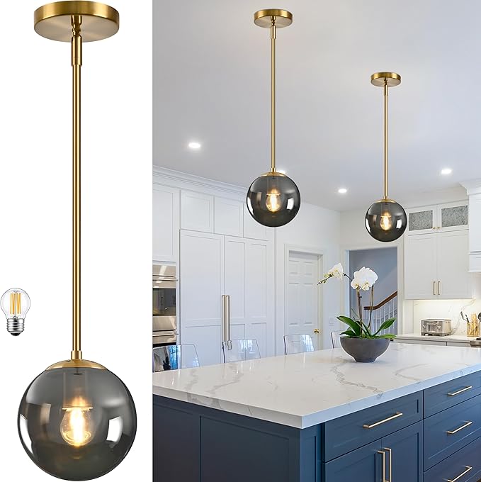 Bagood 6 Inch Globe Pendant Light Gold Globe Pendant Lights Kitchen Island Mid Century Light Fixture with Gray Clear Glass Contemporary Adjustable Hanging Lights for Dining Room (Bulb Included)