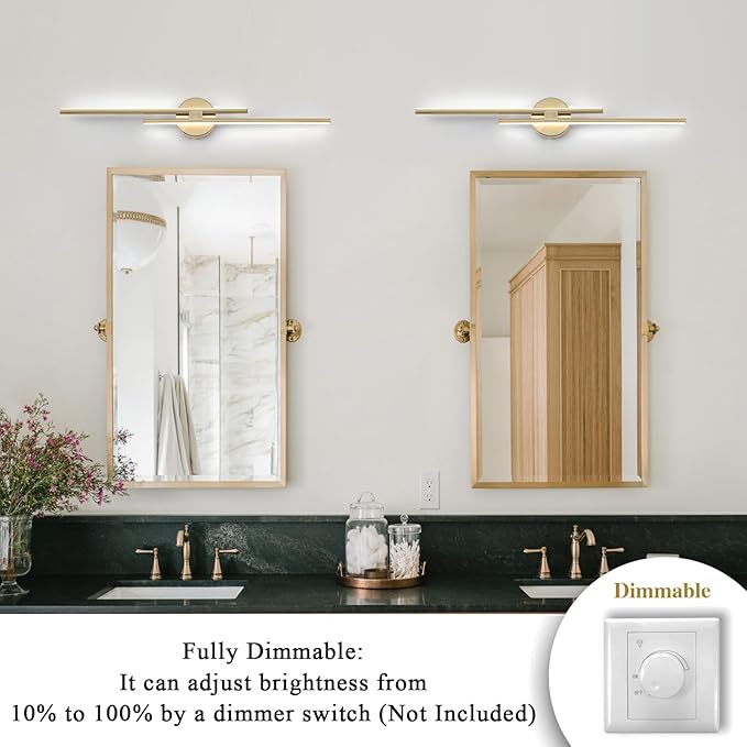 EDISLIVE Dimmable Modern LED Vanity Light Fixtures Bathroom Vanity Wall Lighting, 31.5 in Mirror Vanity Lighting Fixtures for Bathroom Bedroom Makeup Living Room, Gold