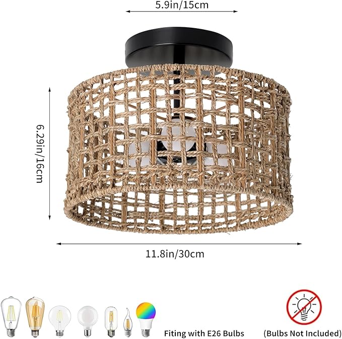 Bohemian Rattan Semi-Flush Ceiling Light, 12-inch 3-Light Handwoven Pendant with Natural Fiber Shade, Vintage Farmhouse E26 Fixture for Bedroom Kitchen Entryway (Retro Design, LED Bulb Compatible)