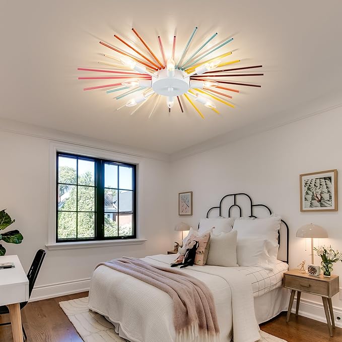 Kids Ceiling Light,8-Lights Colorful Sputnik Ceiling Fixtures, Rainbow Kid Chandelier for Bedroom Playroom Kitchen Entryway,E12