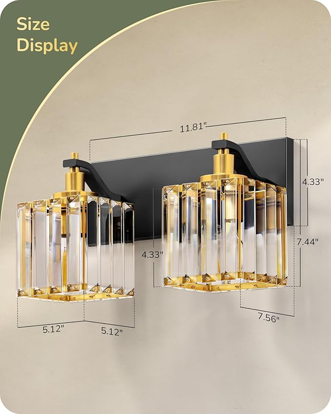 EDISHINE Bathroom Light Fixtures, Crystal Bathroom Vanity Lighting Fixtures Over Mirror, 2 Light Vanity Lights for Bath, Powder Room, E26 Base, Black Gold