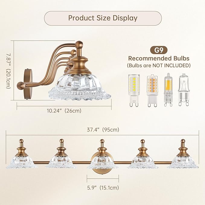 XIEDUN 37.4" Bathroom Light Fixtures 5 Lights Vanity Lighting Fixtures (Exclude G9 Bulb) Vanity Lights for Bathroom