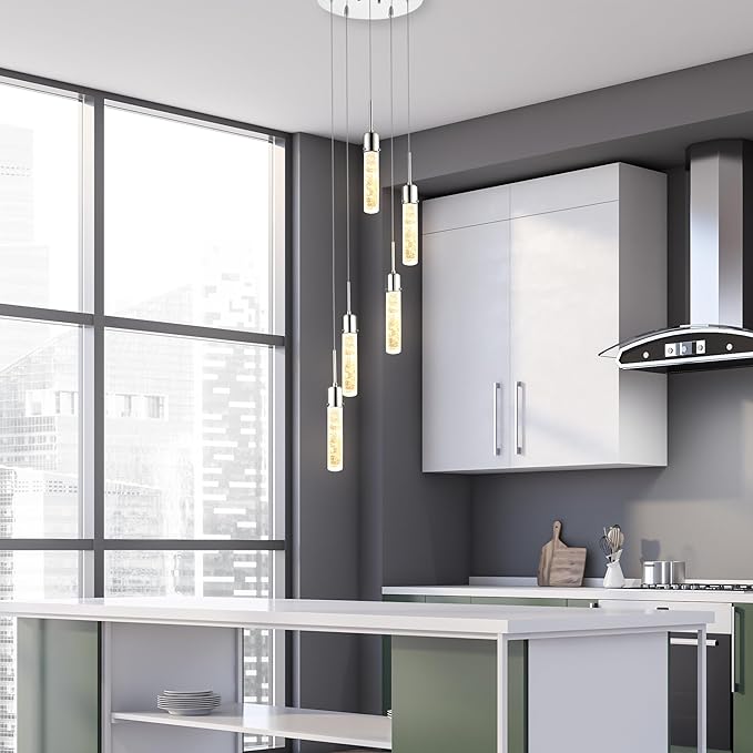 Vivio Lighting Modern Pendant Light Contemporary Ceiling Lights for Kitchen Island Bubble Crystal LED Adjustable Hanging Lights for Living Room Dining Room Entryway Chrome 4000K 5 Light