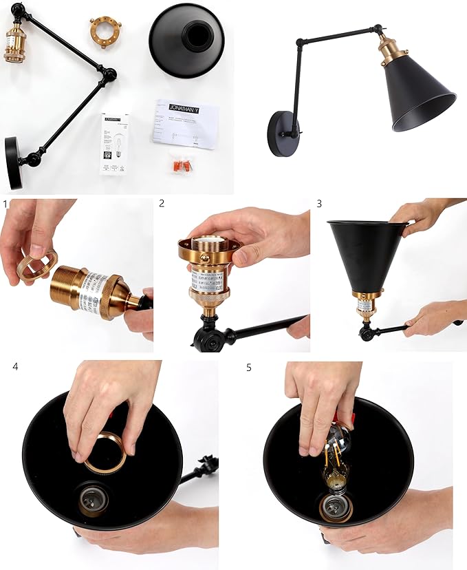 JONATHAN Y 7" White/Oil Rubbed Bronze Classic Industrial Metal Adjustable Arm LED Wall Sconce for Bedside Reading, Farmhouse Swing Arm Wall Lamp with Metal Shade, Hardwired (JYL7462C)