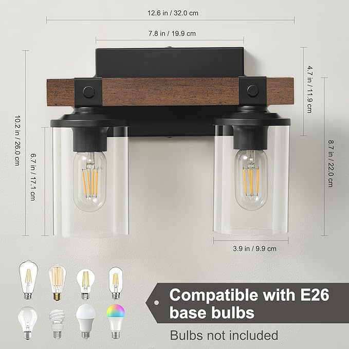 GoYeel Farmhouse Vanity Lights for Bathroom, Wooden Rustic Vanity Lighting fixtures 2-Light Bathroom Lights Over Mirror Vintage Wall Sconce Lighting with Clear Glass Shade for Bedroom Hallway