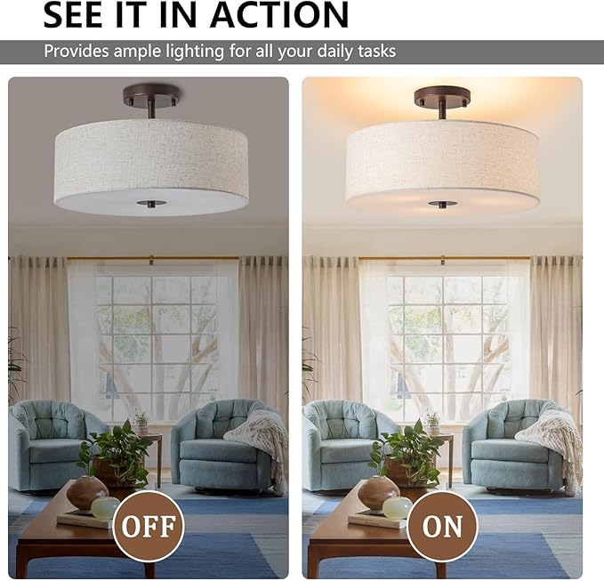 Bargeni Semi Flush Mount Ceiling Light Fixture,16 inch Drum Flush Mount Ceiling Light,Modern Light Fixtures Ceiling Mount with Oil Rubbed Bronze Finish,Semi Flush Ceiling Light for Bedroom,Living Room