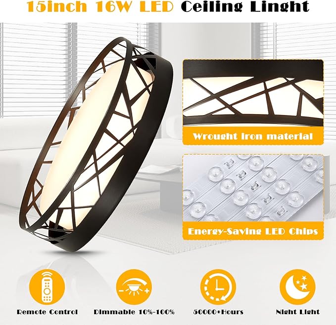 Modern Dimmable LED Flush Mount Ceiling Light with Remote, 2400LM 2700K-6500K Adjustable 12 Inch Bedroom Ceiling light with Night Light for Kitchen Hallway Bathroom Living Room (Black, Vertical)