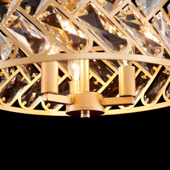 AGV LIGHTING K9 Crystal Ceiling Light, Flushmount Ceiling Light Fixture for Living Room, Close to Ceiling Modern Design, 3-Lights, D15 x H11 in, Clear Crystal & Gold Finish Frame