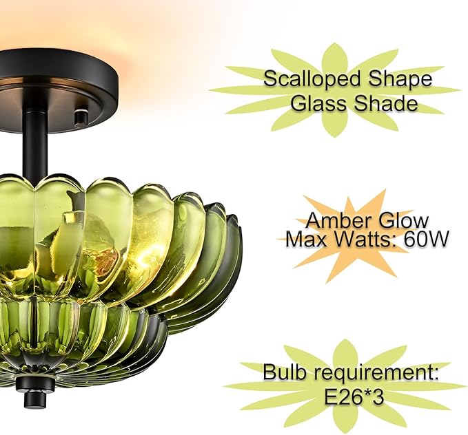 Semi Flush Mount Ceiling Light Fixture, Green Glass 3-Light Modern Vintage Ceiling Lights, Scalloped Close to Ceiling Light, Black Base Flush Mount Ceiling Light for Hallway Bedroom Entryway Kitchen