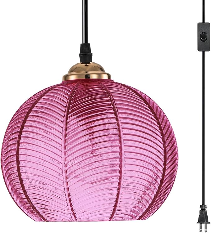 Purple Glass Plug in Pendant Light for Living Room, Black Vintage Hanging Ceiling Light Mid Century Hanging Lamp for Kitchen Bedroom Dining Room, Boho Light Fixtures