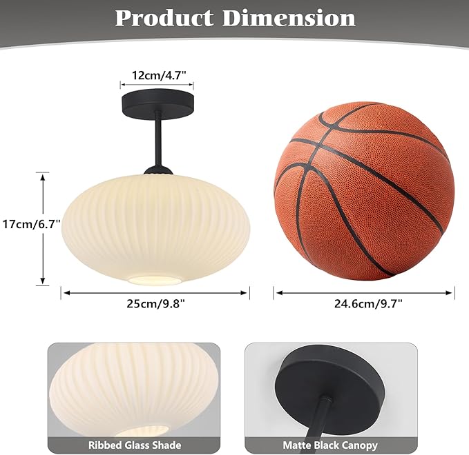 White Ribbed Glass Flush Mount Ceiling Light Large Vintage Milk Glass Semi Flush Mount Light Farmhouse Black Ceiling Light Fixtures Mid Century Modern Hallway Light Fixtures (2 Pack)