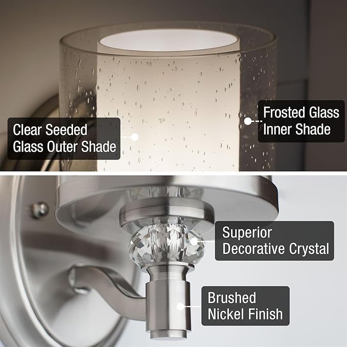 Kira Home Victoria 10" Modern Crystal Wall Sconce, Dual Glass Silver Wall Light with Seeded and Frosted Glass, Brushed Nickel Finish