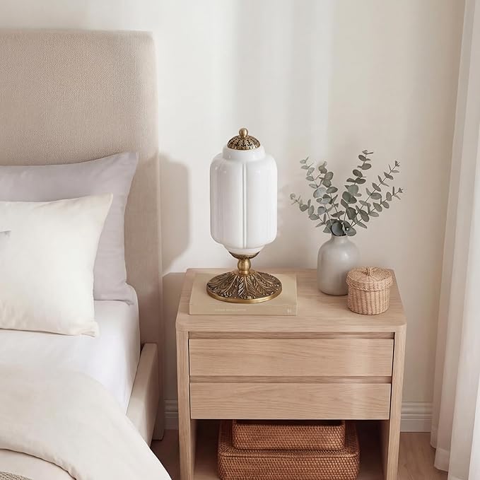 Milk Glass Table Lamp - Modern Farmhouse Design with Antique Brass Finish Base, White Desk Light for Living Room & Bedroom Decor (White 15")