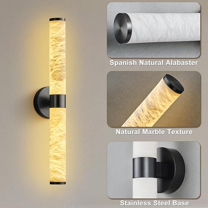Alabaster Wall Sconces, 24" Black Wall Sconce, Cylinder Natural Spanish Marble Sconces Wall Lighting, Modern Dimmable Wall Lights for Living Room Bedroom Bathroom Hallway Stairs