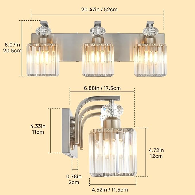 Modern Bathroom Vanity Light, 3-Light Nickel Bathroom Lighting Fixtures Over Mirror, 20.5" Crystal Wall Light Sconce for Bathroom/Bedroom/Vanity, Includes LED Bulbs, Easy Installation