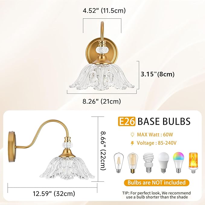 1 Piece Vintage Wall Sconce with Floral Clear Glass Shade, Matte Brass Finish Wall Mount Lighting for Bathroom,Vintage Bathroom Vanity Light Fixtures