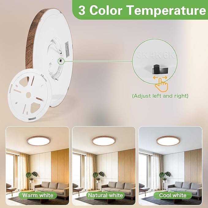Kimjo 12 Inch 24W Modern Flush Mount Ceiling Light, 3 Color Temperature Walnut Wood Grain Flat Ceiling Light Fixture Led Light for Bedroom Kitchen Bathroom Hallway