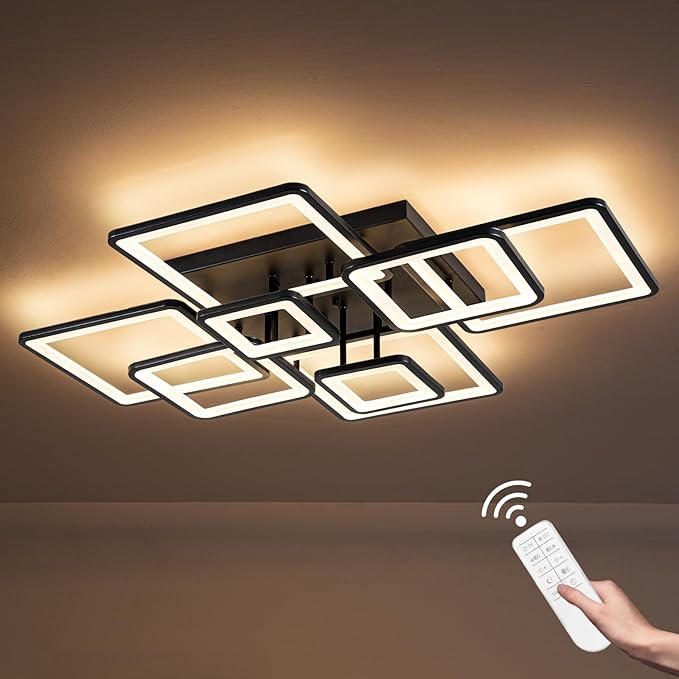Shine LUEST Modern LED Ceiling Light, Dimmable LED Chandelier Black Flush Mount Ceiling Lights, Remote Control Acrylic Ring Ceiling Lamp Fixture for Living Room Dining Room Bedroom, 8H-FANG-BL-04